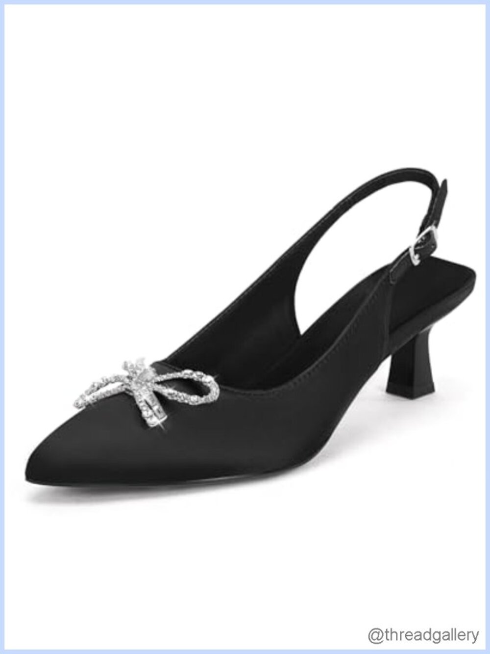 Kitten Heels Satin Pumps Slingback Pointed Toe Rhinestone Bow Wedding Dress